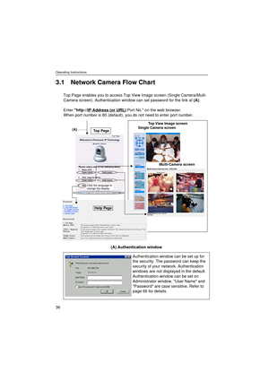 Page 36Operating Instructions
36
3.1 Network Camera Flow Chart
Top Page enables you to access Top View Image screen (Single Camera/Multi-
Camera screen). Authentication window can set password for the link at (A). 
Enter http://IP Address (or URL)
:Port No. on the web browser. 
When port number is 80 (default), you do not need to enter port number.
(A) Authentication window
Authentication window can be set up for 
the security. The password can keep the 
security of your network. Authentication 
windows are not...