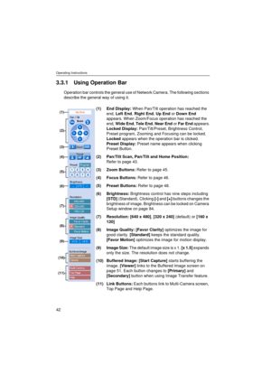 Page 42Operating Instructions
42
3.3.1 Using Operation Bar
Operation bar controls the general use of Network Camera. The following sections 
describe the general way of using it.
(1) End Display: When Pan/Tilt operation has reached the 
end, Left End, Right End, Up End or Down End 
appears. When Zoom/Focus operation has reached the 
end, Wide End, Tele End, Near End or Far End appears.
Locked Display: Pan/Tilt/Preset, Brightness Control, 
Preset program, Zooming and Focusing can be locked. 
Locked appears when...