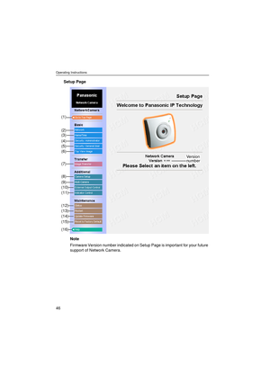 Page 46Operating Instructions
46
Setup Page
Note
Firmware Version number indicated on Setup Page is important for your future 
support of Network Camera.
(1)
(2)
(3)
(4)
(5)
(6)
(7)
(8)
(9)
(10)
(11)
(12)
(13)
(14)
(15)
(16)
Version
number 