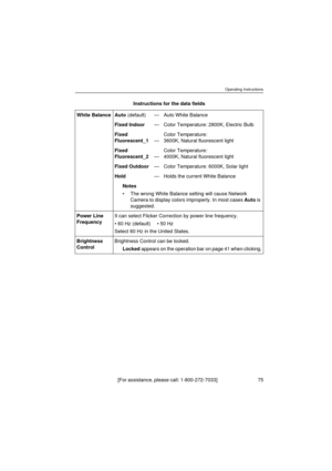 Page 75Operating Instructions
[For assistance, please call: 1-800-272-7033]                                 75
Instructions for the data fields
White Balance Auto (default)—Auto White Balance
Fixed Indoor—Color Temperature: 2800K, Electric Bulb
Fixed 
Fluorescent_1—Color Temperature: 
3600K, Natural fluorescent light
Fixed 
Fluorescent_2—Color Temperature: 
4000K, Natural fluorescent light
Fixed Outdoor—Color Temperature: 6000K, Solar light
Hold—Holds the current White Balance
Notes
The wrong White Balance...