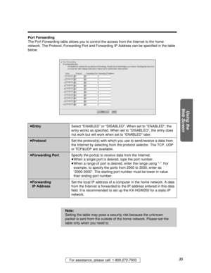 Page 3535For assistance, please call: 1-800-272-7033
Using the
Web Screen
Port Forwarding
The Port Forwarding table allows you to control the access from the Internet to the home
network. The Protocol, Forwarding Port and Forwarding IP Address can be speciﬁed in the table
below.
Note:
Setting the table may pose a security risk because the unknown
packet is sent from the outside of the home network. Please set the
table only when you need to.
³Entry
³Protocol
³Forwarding Port
³Forwarding 
IP AddressSelect...