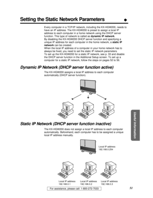 Page 51For assistance, please call: 1-800-272-7033
Useful Information
51
Setting the Static Network ParametersÒ
Every computer in a TCP/IP network, including the KX-HGW200, needs to
have an IP address. The KX-HGW200 is preset to assign a local IP
address to each computer in a home network using the DHCP server
function. This type of network is called as dynamic IP network.
By disabling the KX-HGW200 DHCP server function and specifying a
unique IP address for each computer in the home network, a static IP...