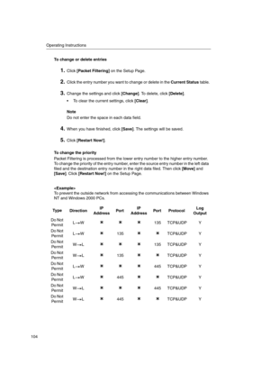 Page 104Operating Instructions
104
To change or delete entries
1.Click[Packet Filtering]on the Setup Page.
2.Click the entry number you want to change or delete in theCurrent Statustable.
3.Change the settings and click[Change]. To delete, click[Delete].
 To clear the current settings, click[Clear].
Note
Do not enter the space in each data field.
4.When you have finished, click[Save]. The settings will be saved.
5.Click[Restart Now!].
To change the priority
Packet Filtering is processed from the lower entry...