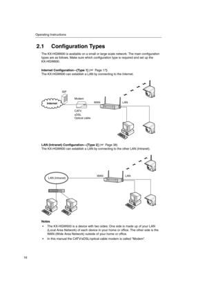 Page 16Operating Instructions
16
2.1 Configuration Types
The KX-HGW600 is available on a small or large scale network. The main configuration
types are as follows. Make sure which configuration type is required and set up the
KX-HGW600.
Internet Configuration—[Type 1](Page17)
The KX-HGW600 can establish a LAN by connecting to the Internet.
LAN (Intranet) Configuration—[Type 2](Page38)
The KX-HGW600 can establish a LAN by connecting to the other LAN (Intranet).
Notes
...