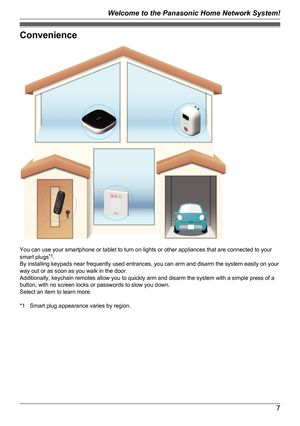 Page 7Convenience
You can use your smartphone or tablet to turn on lights or other appliances that are connected to your
smart plugs *1
.
By installing keypads near frequently used entrances, you can arm and disarm the system easily on your
way out or as soon as you walk in the door.
Additionally, keychain remotes allow you to quickly arm and disarm the system with a simple press of a
button, with no screen locks or passwords to slow you down.
Select an item to learn more.
*1 Smart plug appearance varies by...