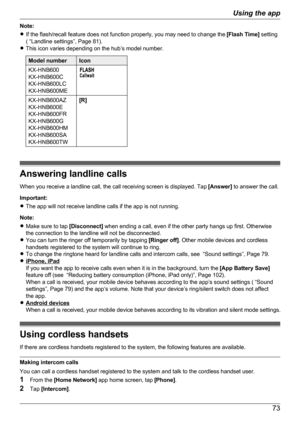 Page 73Note:
R If the flash/recall feature does not function properly, you may need to change the  [Flash Time] setting
( “Landline settings”, Page 81).
R This icon varies depending on the hub’s model number.Model numberIconKX-HNB600
KX-HNB600C
KX-HNB600LC
KX-HNB600MEKX-HNB600AZ
KX-HNB600E
KX-HNB600FR
KX-HNB600G
KX-HNB600HM
KX-HNB600SA
KX-HNB600TW[R]
Answering landline calls
When you receive a landline call, the call receiving screen is displayed. Tap  [Answer] to answer the call.
Important:
R The app will not...