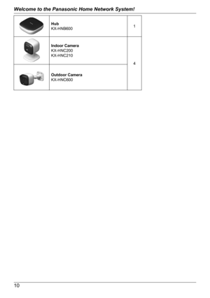 Page 10Hub
KX-HNB6001Indoor Camera
KX-HNC200
KX-HNC210
4
Outdoor Camera
KX-HNC600
10
Welcome to the Panasonic Home Network System!       