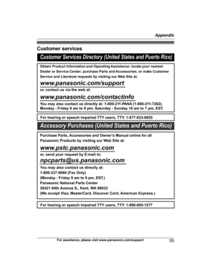 Page 55Customer services
For assistance, please visit www.panasonic.com/support
55 AppendixHNH100_(en_en)_0814_ver.050.pdf   552014/08/14   11:37:21Customer Services Directory (United States and Puerto Rico)
Obtain Product Information and Operating Assistance; locate your nearest  
Dealer or Service Center; purchase Parts and Accessories; or make Customer 
Service and Literature requests by visiting our Web Site at: 
www.panasonic.com/support 
or, contact us via the web at:  
www.panasonic.com/contactinfo
For...