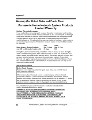 Page 56Warranty (For United States and Puerto Rico)
56
For assistance, please visit www.panasonic.com/supportAppendixHNH100_(en_en)_0814_ver.050.pdf   562014/08/14   11:37:21Limited Warranty CoverageLabor One (1) Year
PartsOne (1) Year
Online Repair Request 
To submit a new repair request and for quick repair status visit our Web Site at www.panasonic.com/repair
PROOF OF PURCHASE. Panasonic Home Network System Products
Limited Warranty
Mail-In Service--Online
If your product does not work properly because of a...