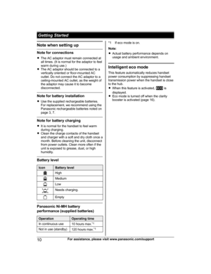 Page 10Note when setting up
Note for connections
R
T
he AC adaptor must remain connected at
all times. (It is normal for the adaptor to feel
warm during use.)
R The AC adaptor should be connected to a
vertically oriented or floor-mounted AC
outlet. Do not connect the AC adaptor to a
ceiling-mounted AC outlet, as the weight of
the adaptor may cause it to become
disconnected. Note for battery installation
R U

se the supplied rechargeable batteries.
For replacement, we recommend using the
Panasonic rechargeable...