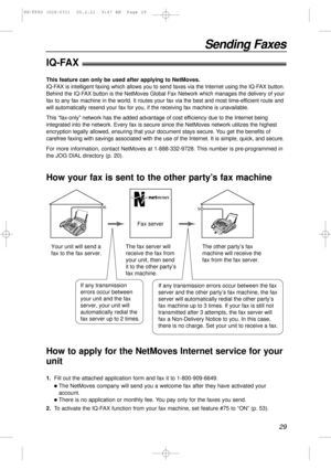 Page 2929
Sending Faxes
IQ-FAX!
This feature can only be used after applying to NetMoves.
IQ-FAX is intelligent faxing which allows you to send faxes via the Internet using the IQ-FAX button.
Behind the IQ-FAX button is the NetMoves Global Fax Network which manages the delivery of your
fax to any fax machine in the world. It routes your fax via the best and most time-efficient route and
will automatically resend your fax for you, if the receiving fax machine is unavailable.
This “fax-only” network has the added...