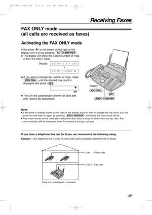 Page 3939
Receiving Faxes
AUTO ANSWER
JOG DIAL
SET
Display
If you have a telephone line just for faxes, we recommend the following setup.
Example:One telephone line is used for voice calls and a separate telephone line for faxes. 
FAX ONLY mode!
(all calls are received as faxes)
If the arrow (t) is not shown on the right of the
display, turn it on by pressing  .
lThe display will show the current number of rings
in the FAX ONLY mode.
Display:
lIf you wish to change the number of rings, rotate
until the desired...