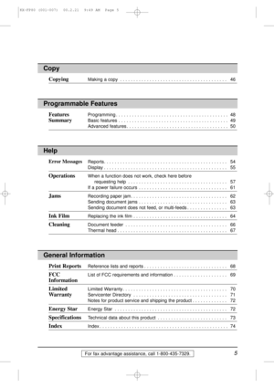 Page 55For fax advantage assistance, call 1-800-435-7329.
Help
Error MessagesReports. . . . . . . . . . . . . . . . . . . . . . . . . . . . . . . . . . . . . . . . . . . . . .  54
Display . . . . . . . . . . . . . . . . . . . . . . . . . . . . . . . . . . . . . . . . . . . . . .  55
OperationsWhen a function does not work, check here before 
requesting help . . . . . . . . . . . . . . . . . . . . . . . . . . . . . . . . . . . . .  57
If a power failure occurs . . . . . . . . . . . . . . . . . . . . . . . . . ....