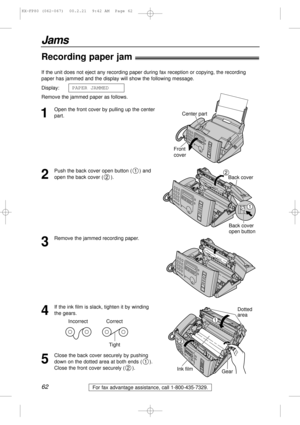 Page 62For fax advantage assistance, call 1-800-435-7329.62
Jams
Recording paper jam!
1
Open the front cover by pulling up the center
part. If the unit does not eject any recording paper during fax reception or copying, the recording
paper has jammed and the display will show the following message.
Display:
Remove the jammed paper as follows.PAPER JAMMEDCenter part
Front
cover
2
Push the back cover open button ( ) and
open the back cover ( ).
2
1
Back cover
Back cover
open button
1
2
3
Remove the jammed...