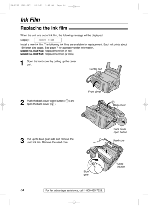 Page 6464
Ink Film
For fax advantage assistance, call 1-800-435-7329.
Replacing the ink film!
1
Open the front cover by pulling up the center
part. When the unit runs out of ink film, the following message will be displayed.
Display:
Install a new ink film. The following ink films are available for replacement. Each roll prints about
150 letter size pages. See page 7 for accessory order information.
Model No. KX-FA53:Replacement film (1 roll)
Model No. KX-FA55:Replacement film (2 rolls) CHECK FILM
Center part...