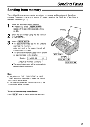 Page 3131
Sending Faxes
1
Insert the document FACE DOWN.
lIf necessary, press 
repeatedly to select the desired setting 
(p. 26).
2
Enter the fax number using the dial keypad
or .
3
Press .
lThe document will be fed into the unit and
scanned into memory.
After storing all of the pages, the unit will
transmit the document.
lThe amount of memory used will be shown
as a percentage on the display.
Display:
Amount of memory used (%)
lThe stored document will be automatically
erased after transmission.PAGES=01    05...