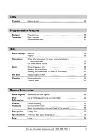 Page 55For fax advantage assistance, call 1-800-435-7329.
Help
ErrorMessagesReports. . . . . . . . . . . . . . . . . . . . . . . . . . . . . . . . . . . . . . . . . . . . . . 54
Display. . . . . . . . . . . . . . . . . . . . . . . . . . . . . . . . . . . . . . . . . . . . . . 55
OperationsWhen a function does not work, check here before 
requesting help. . . . . . . . . . . . . . . . . . . . . . . . . . . . . . . . . . . . . 57
If a power failure occurs. . . . . . . . . . . . . . . . . . . . . . . . . . . . ....