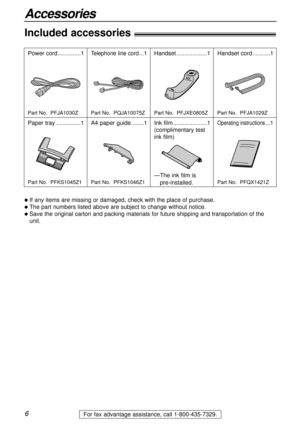 Page 66
Accessories
For fax advantage assistance, call 1-800-435-7329.
Included accessories!
Power cord..............1Telephone line cord...1Handset...................1
Paper tray...............1Operating instructions...1 A4 paper guide........1
lIf any items are missing or damaged, check with the place of purchase.
lThe part numbers listed above are subject to change without notice.
lSave the original carton and packing materials for future shipping and transportation of the
unit.
Part No.  PFJA1030ZPart No....