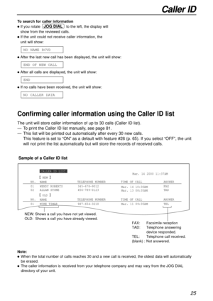 Page 25NO.
01
02WENDY ROBERTS
ALLAN STONETIME OF CALL
Mar. 14 10:30AM
Mar. 13 08:35AMFAX
TAD TELEPHONE NUMBERMar. 14 2000 11:37AM
345-678-9012
456-789-0123ANSWER
NAME
CALLER ID LIST
NEW
NO.
01 MIKE TIMARTIME OF CALL
Mar. 11 09:35AM TEL TELEPHONE NUMBER
987-654-3210ANSWER
NAME
OLD
NEW: Shows a call you have not yet viewed.
OLD:
 Shows a call you have already viewed. 
FAX:  Facsimile reception
TAD:  Telephone answering 
device responded.
TEL:  Telephone call received.
(blank) :
 Not answered.
25
Caller ID
Sample...