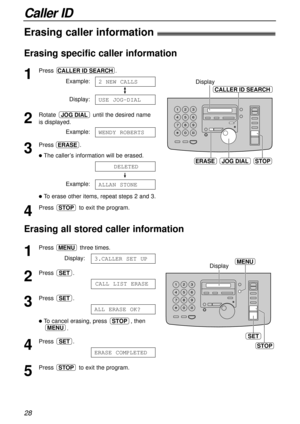 Page 2828
Caller ID
1
Press three times.
Display:
2
Press .
3
Press .
lTo cancel erasing, press  , then 
.
4
Press .
5
Press  to exit the program.STOP
ERASE COMPLETED
SET
STOP
ALL ERASE OK?
SET
CALL LIST ERASE
SET
3.CALLER SET UP
MENU
SET
MENU
STOP
Display
Erasing caller information!
Erasing specific caller information
STOP
CALLER ID SEARCH
JOG DIALERASE
Display1
Press .
Example:
Display:
2
Rotate  until the desired name
is displayed.
Example:
3
Press .
lThe caller’s information will be erased.
Example:
lTo...