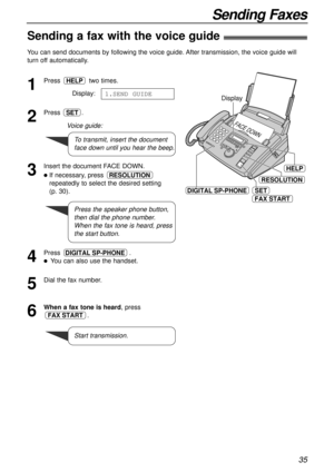 Page 3535
Sending Faxes
1
Press two times.
Display:
2
Press .
3
Insert the document FACE DOWN.
lIf necessary, press 
repeatedly to select the desired setting 
(p. 30).
4
Press .
lYou can also use the handset.
5
Dial the fax number.
6
When a fax tone is heard, press
.
FAX START
DIGITAL SP-PHONE
RESOLUTION
SET
1.SEND GUIDE
HELP
To transmit, insert the document
face down until you hear the beep.
Voice guide:
Press the speaker phone button,
then dial the phone number. 
When the fax tone is heard, press
the start...