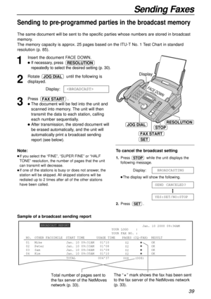 Page 39FACE DOWN
STOP
FAX START
JOG DIAL
Display
SET
RESOLUTION
39
Sending Faxes
Sending to pre-programmed parties in the broadcast memory
The same document will be sent to the specific parties whose numbers are stored in broadcast
memory.
The memory capacity is approx. 25 pages based on the ITU-T No. 1 Test Chart in standard
resolution (p. 85).
1
Insert the document FACE DOWN.
lIf necessary, press 
repeatedly to select the desired setting (p. 30).
2
Rotate  until the following is
displayed.
Display:
3
Press ....