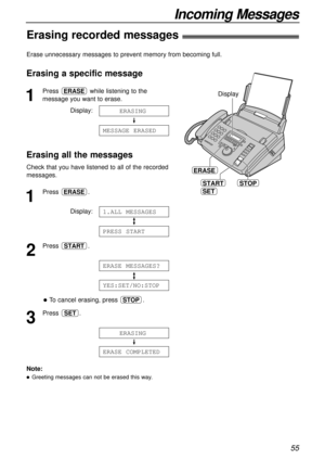 Page 5555
Incoming Messages
Erasing a specific message
1
Press  while listening to the
message you want to erase.
Display:
Erasing all the messages
Check that you have listened to all of the recorded
messages.
1
Press .
Display:
2
Press .
lTo cancel erasing, press  .
3
Press .
ERASE COMPLETED
ERASING
SET
STOP
YES:SET/NO:STOP
ERASE MESSAGES?
START
PRESS START
1.ALL MESSAGES
ERASE
MESSAGE ERASED
ERASING
ERASE
START
SET
STOP
ERASE
Display
Erase unnecessary messages to prevent memory from becoming full.
Erasing...