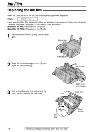 Page 7878
Ink Film
For fax advantage assistance, call 1-800-435-7329.
Replacing the ink film!
1
Open the front cover by pulling up the center
part. When the unit runs out of ink film, the following message will be displayed.
Display:
Install a new ink film. The following ink films are available for replacement. Each roll prints about
150 letter size pages. See page 7 for accessory order information.
Model No. KX-FA53:Replacement film (1 roll)
Model No. KX-FA55:Replacement film (2 rolls) CHECK FILM
Center part...
