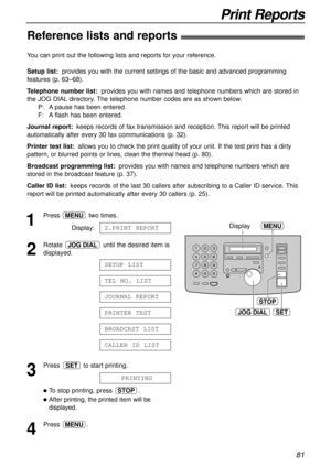 Page 8181
Print Reports
Reference lists and reports!
JOG DIALSET
STOP
MENUDisplay1
Press two times.
Display:
2
Rotate  until the desired item is
displayed.
3
Press  to start printing.
lTo stop printing, press  .
lAfter printing, the printed item will be
displayed.
4
Press .MENU
STOP
PRINTING
SET
CALLER ID LIST
BROADCAST LIST
PRINTER TEST
JOURNAL REPORT
TEL NO. LIST
SETUP LIST
JOG DIAL
2.PRINT REPORT
MENU
You can print out the following lists and reports for your reference.
Setup list:provides you with the...