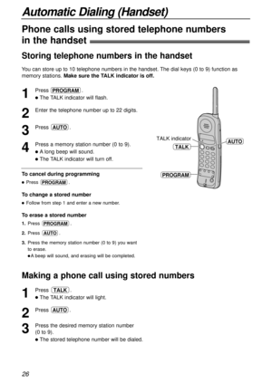 Page 2626
Automatic Dialing (Handset)
Storing telephone numbers in the handset
Making a phone call using stored numbers
1
Press .
lThe TALK indicator will flash.
2
Enter the telephone number up to 22 digits.
3
Press .
4
Press a memory station number (0 to 9).
lAlong beep will sound.
lThe TALK indicator will turn off.
AUTO
PROGRAM
TALK indicatorAUTO
PROGRAM
TALK
To cancel during programming
lPress .
To change a stored number
lFollow from step 1 and enter a new number.
To erase a stored number
1.Press.
2.Press ....