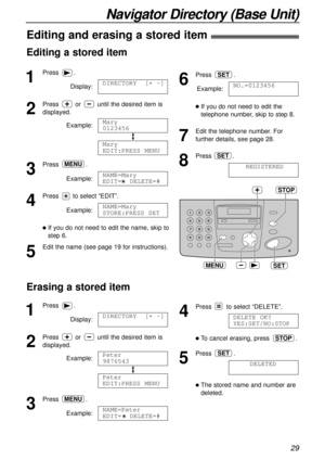 Page 2929
Navigator Directory (Base Unit)
SET
STOP
MENU
1
Press.
Display:
2
Press or until the desired item is
displayed.
Example:
3
Press.
Example:
4
Press to select “EDIT”.
Example:
lIf you do not need to edit the name, skip to
step 6.
5
Edit the name (see page 19 for instructions).NAME=Mary
STORE:PRESS SET
NAME=Mary
EDIT=  DELETE=#
MENU
Mary
EDIT:PRESS MENU
Mary
0123456
DIRECTORY  [+ -]
1
Press.
Display:
2
Press or until the desired item is
displayed.
Example:
3
Press.
Example:NAME=Peter
EDIT=  DELETE=#MENU...