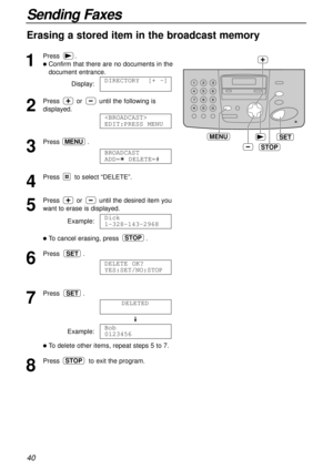 Page 4040
Sending Faxes
Erasing a stored item in the broadcast memory
1
Press.
lConfirm that there are no documents in the
document entrance.
Display:
2
Press or until the following is
displayed.
3
Press .
4
Press to select “DELETE”.
5
Press or until the desired item you
want to erase is displayed.
Example:
lTo cancel erasing, press .
6
Press .
7
Press .
Example:
lTo delete other items, repeat steps 5 to 7.
8
Press to exit the program.STOP
Bob
0123456
DELETED
SET
DELETE OK?
YES:SET/NO:STOP
SET
STOP
Dick...