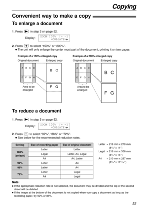 Page 5353
Copying
Enlarged copy Original document Original document
Example of a 200% enlarged copy
Area to be 
enlarged
BC
FG
ABCD
EFGH
Enlarged copy
Example of a 150% enlarged copy
BC
FG
ABCD
EFGH
Area to be 
enlarged
Note:
lIf the appropriate reduction rate is not selected, the document may be divided and the top of the second
sheet will be deleted.
lIf the image at the bottom of the document is not copied when you copy a document as long as the
recording paper, try 92% or 86%.
To enlarge a document...