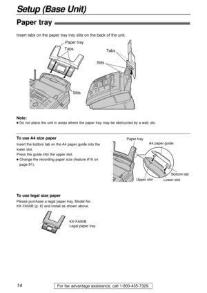 Page 1414
Setup (Base Unit)
For fax advantage assistance, call 1-800-435-7329.
Slits
Tabs
Slits
Paper tray
Tabs
Paper tray!
Insert tabs on the paper tray into slits on the back of the unit.
Note:
lDo not place the unit in areas where the paper tray may be obstructed by a wall, etc.
KX-FA50B
Legal paper tray
To use legal size paper
Please purchase a legal paper tray, Model No. 
KX-FA50B (p. 8) and install as shown above.
A4 paper guide
Upper slot
Lower slot Bottom tab
Paper trayTo use A4 size paper
Insert the...