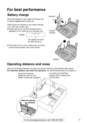 Page 33For fax advantage assistance, call 1-800-435-7329.
Operating distance and noise
Calls are transmitted between the base unit and the handset using wireless radio waves. 
For maximum distance and noise free operation,the recommended base unit location is:
Away from electrical 
appliances such as TVs, 
radios, or personal computers.In a HIGH and CENTRAL 
location with no obstructions 
such as walls.
Raise the antenna 
vertically.
For best performance
Place the handset on the cradle of the base unit
for...