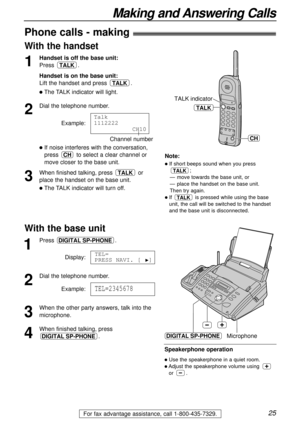 Page 2525
Making and Answering Calls
For fax advantage assistance, call 1-800-435-7329.
1
Handset is off the base unit:
Press .
Handset is on the base unit:
Lift the handset and press  .
lThe TALK indicator will light.
2
Dial the telephone number.
Example:
lIf noise interferes with the conversation,
press  to select a clear channel or
move closer to the base unit. 
3
When finished talking, press  or
place the handset on the base unit.
lThe TALK indicator will turn off.
TALK
CH
Talk
1112222
CH10
TALK
TALK
Note:...