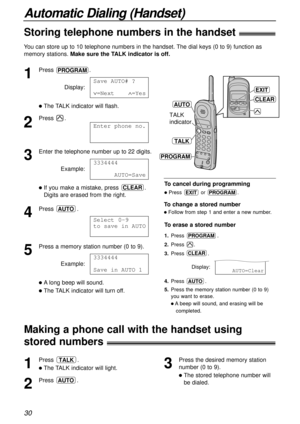 Page 3030
Automatic Dialing (Handset)
1
Press .
lThe TALK indicator will light.
2
Press .AUTO
TALK
1
Press .
Display:
lThe TALK indicator will flash.
2
Press .
3
Enter the telephone number up to 22 digits.
Example:
lIf you make a mistake, press .
Digits are erased from the right.
4
Press .
5
Press a memory station number (0 to 9).
Example:
lAlong beep will sound.
lThe TALK indicator will turn off. 3334444
Save1in1AUTO11
Select 0-9
to1save1in1AUTO
AUTO
CLEAR
3334444
111111AUTO=Save
Enter1phone1no.
Save1AUTO#1?...