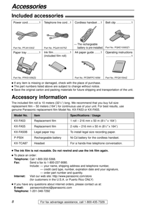 Page 88
Accessories
For fax advantage assistance, call 1-800-435-7329.
Included accessories!
lIf any item is missing or damaged, check with the place of purchase.
lThe part numbers listed above are subject to change without notice.
lSave the original carton and packing materials for future shipping and transportation of the unit.
Power cord..............1Telephone line cord...1Cordless handset....1Belt clip...................1
Part No. PFJA1030ZPart No. PQJA10075Z
Operating instructions...