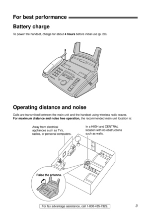 Page 33For fax advantage assistance, call 1-800-435-7329.
For best performance
Battery charge
To power the handset, charge for about 4 hoursbefore initial use (p. 20).
Operating distance and noise
Calls are transmitted between the main unit and the handset using wireless radio waves. 
For maximum distance and noise free operation,the recommended main unit location is:
Away from electrical 
appliances such as TVs, 
radios, or personal computers.In a HIGH and CENTRAL 
location with no obstructions 
such as...