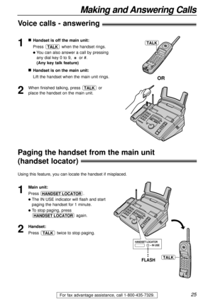 Page 2525
Making and Answering Calls
1
nHandset is off the main unit:
Press  when the handset rings.
lYou can also answer a call by pressing
any dial key 0 to 9,  or #.
(Any key talk feature)
nHandset is on the main unit:
Lift the handset when the main unit rings.
2
When finished talking, press  or
place the handset on the main unit.TALK
TALK
OR
TALK
Paging the handset from the main unit 
(handset locator)
1
Main unit:
Press .
lThe IN USE indicator will flash and start
paging the handset for 1 minute.
lTo stop...