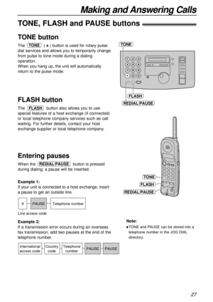 Page 2727
Making and Answering Calls
TONE
FLASH
REDIAL/PAUSE
TONE, FLASH and PAUSE buttons!
TONE button
The () button is used for rotary pulse
dial services and allows you to temporarily change
from pulse to tone mode during a dialing
operation.
When you hang up, the unit will automatically
return to the pulse mode.TONE
FLASH button
The button also allows you to use
special features of a host exchange (if connected)
or local telephone company services such as call
waiting. For further details, contact your...