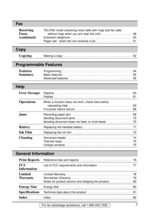 Page 77For fax advantage assistance, call 1-800-435-7329.
Help
Error MessagesReports. . . . . . . . . . . . . . . . . . . . . . . . . . . . . . . . . . . . . . . . . . . . . . 60
Display. . . . . . . . . . . . . . . . . . . . . . . . . . . . . . . . . . . . . . . . . . . . . . 61
OperationsWhen a function does not work, check here before 
requesting help. . . . . . . . . . . . . . . . . . . . . . . . . . . . . . . . . . . . . 63
If a power failure occurs. . . . . . . . . . . . . . . . . . . . . . . . . . . . ....