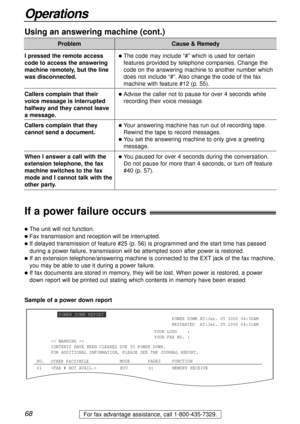 Page 6868
Operations
For fax advantage assistance, call 1-800-435-7329.
If a power failure occurs!
lThe unit will not function.
lFax transmission and reception will be interrupted.
lIf delayed transmission of feature #25 (p. 56) is programmed and the start time has passed
during a power failure, transmission will be attempted soon after power is restored.
lIf an extension telephone/answering machine is connected to the EXTjack of the fax machine,
you may be able to use it during a power failure.
lIf fax...