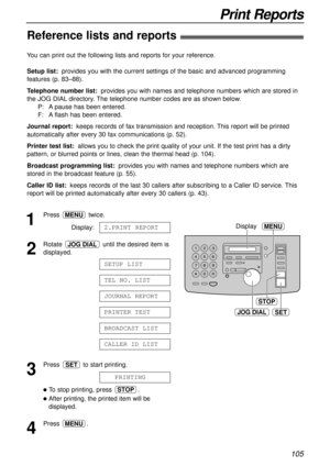 Page 105105
Print Reports
Reference lists and reports!
JOG DIALSET
STOP
DisplayMENU1
Press twice.
Display:
2
Rotate  until the desired item is
displayed.
3
Press  to start printing.
lTo stop printing, press  .
lAfter printing, the printed item will be
displayed.
4
Press .MENU
STOP
123PRINTING
SET
CALLER1ID1LIST
BROADCAST1LIST
PRINTER1TEST
JOURNAL1REPORT
TEL1NO.1LIST
SETUP1LIST
JOG DIAL
2.PRINT REPORT
MENU
You can print out the following lists and reports for your reference.
Setup list:provides you with the...