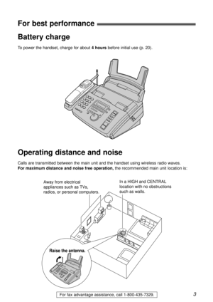 Page 33For fax advantage assistance, call 1-800-435-7329.
For best performance
Battery charge
To power the handset, charge for about 4 hoursbefore initial use (p. 20).
Operating distance and noise
Calls are transmitted between the main unit and the handset using wireless radio waves. 
For maximum distance and noise free operation,the recommended main unit location is:
Away from electrical 
appliances such as TVs, 
radios, or personal computers.In a HIGH and CENTRAL 
location with no obstructions 
such as...