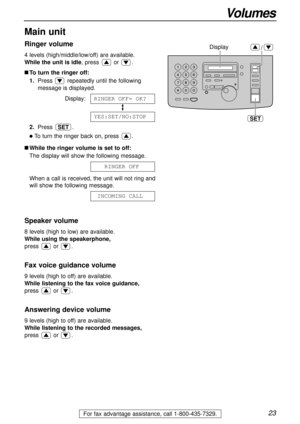 Page 2323
Volumes
For fax advantage assistance, call 1-800-435-7329.
Ringer volume
4 levels (high/middle/low/off) are available.
While the unit is idle, press  or  .
nTo turn the ringer off:
1.Press  repeatedly until the following
message is displayed.
Display:
2.Press .
lTo turn the ringer back on, press  .
nWhile the ringer volume is set to off:
The display will show the following message.
When a call is received, the unit will not ring and
will show the following message.
1INCOMING1CALL11
123RINGER1OFF
SET...