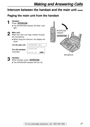 Page 2727
Making and Answering Calls
For fax advantage assistance, call 1-800-435-7329.
Intercom between the handset and the main unit)
Paging the main unit from the handset
1
Handset:
Press .
The INTERCOM indicator will flash, then
light.
2
Main unit:
When the main unit rings, answer through
the microphone.
While using the intercom, the display will
show:
For the main unit:
For the handset:
(Example)
3
Handset:
When finished, press  .
The INTERCOM indicator will turn off.
INTERCOM
Intercom
00-01-12
INTERCOM...