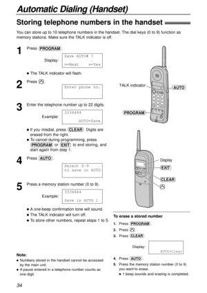 Page 3434
Automatic Dialing (Handset)
Storing telephone numbers in the handset
1
Press .
Display:
lThe TALK indicator will flash.
2
Press .
3
Enter the telephone number up to 22 digits.
Example:
lIf you misdial, press  . Digits are
erased from the right.
lTo cancel during programming, press
or  to end storing, and
start again from step 1.
4
Press .
5
Press a memory station number (0 to 9).
Example:
lA one-beep confirmation tone will sound.
lThe TALK indicator will turn off.
lTo store other numbers, repeat steps...