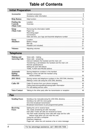 Page 66For fax advantage assistance, call 1-800-435-7329.
Table of Contents
Initial Preparation
AccessoriesIncluded accessories . . . . . . . . . . . . . . . . . . . . . . . . . . . . . . . . . . . . . . . . . . .  8
Accessory order information . . . . . . . . . . . . . . . . . . . . . . . . . . . . . . . . . . . . . .  9
Help ButtonHelp function . . . . . . . . . . . . . . . . . . . . . . . . . . . . . . . . . . . . . . . . . . . . . . . .  10
Finding the Location . . . . . . . . . . . . . . . . . . . . . . ....