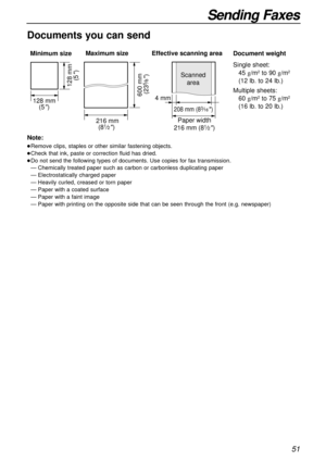 Page 5151
Sending Faxes
600 mm 
(23
5⁄8)
Paper width Minimum size 
128 mm
(5
)
128 mm
(5
)
Maximum size
216 mm
(8
1⁄2) 
208 mm (83⁄16) 
Effective scanning area
 4 mmScanned
area
216 mm (81⁄2)
Note:
Remove clips, staples or other similar fastening objects.
Check that ink, paste or correction fluid has dried.
Do not send the following types of documents. Use copies for fax transmission.
— Chemically treated paper such as carbon or carbonless duplicating paper
— Electrostatically charged paper
— Heavily curled,...